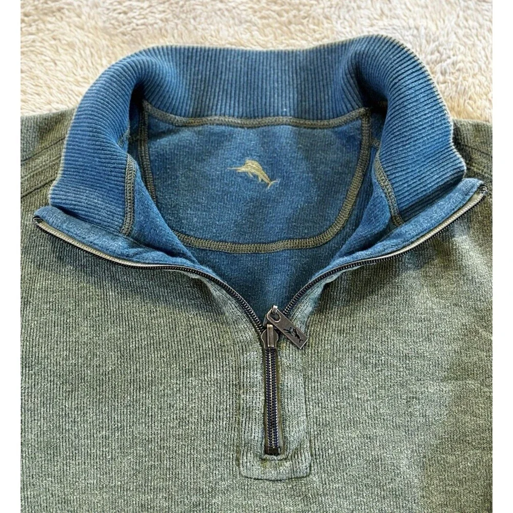 Tommy Bahama Pullover Sweater Mens L Blue Sage Reversible Quarter Zip Mock Neck